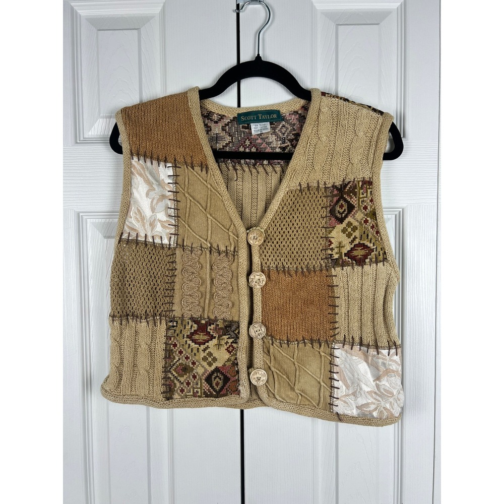 Scott Taylor Patchwork Sweater Vest Cottagecore Boho Grandma Core Tan Cotton M